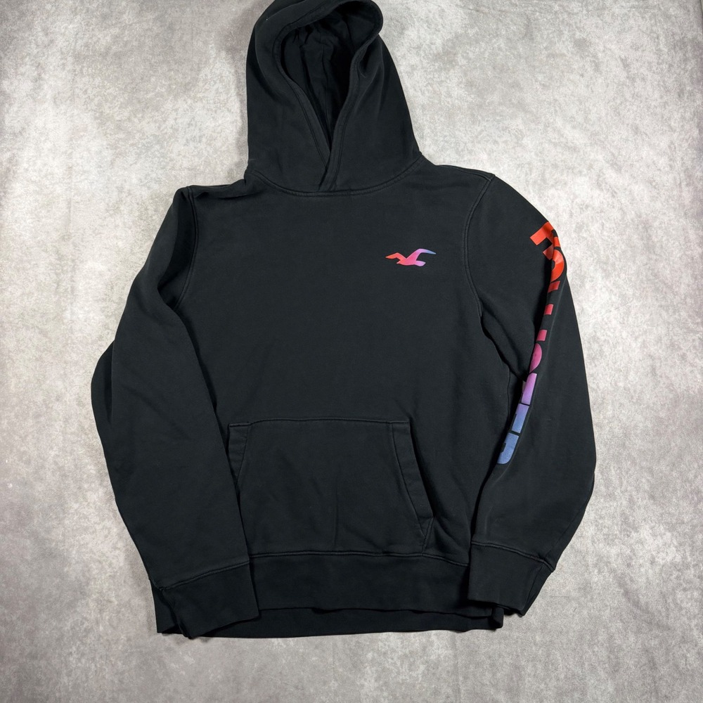 Hollister Mens XL Black Pullover Hoodie Sunset Logo Graphic Streetwear Y2K